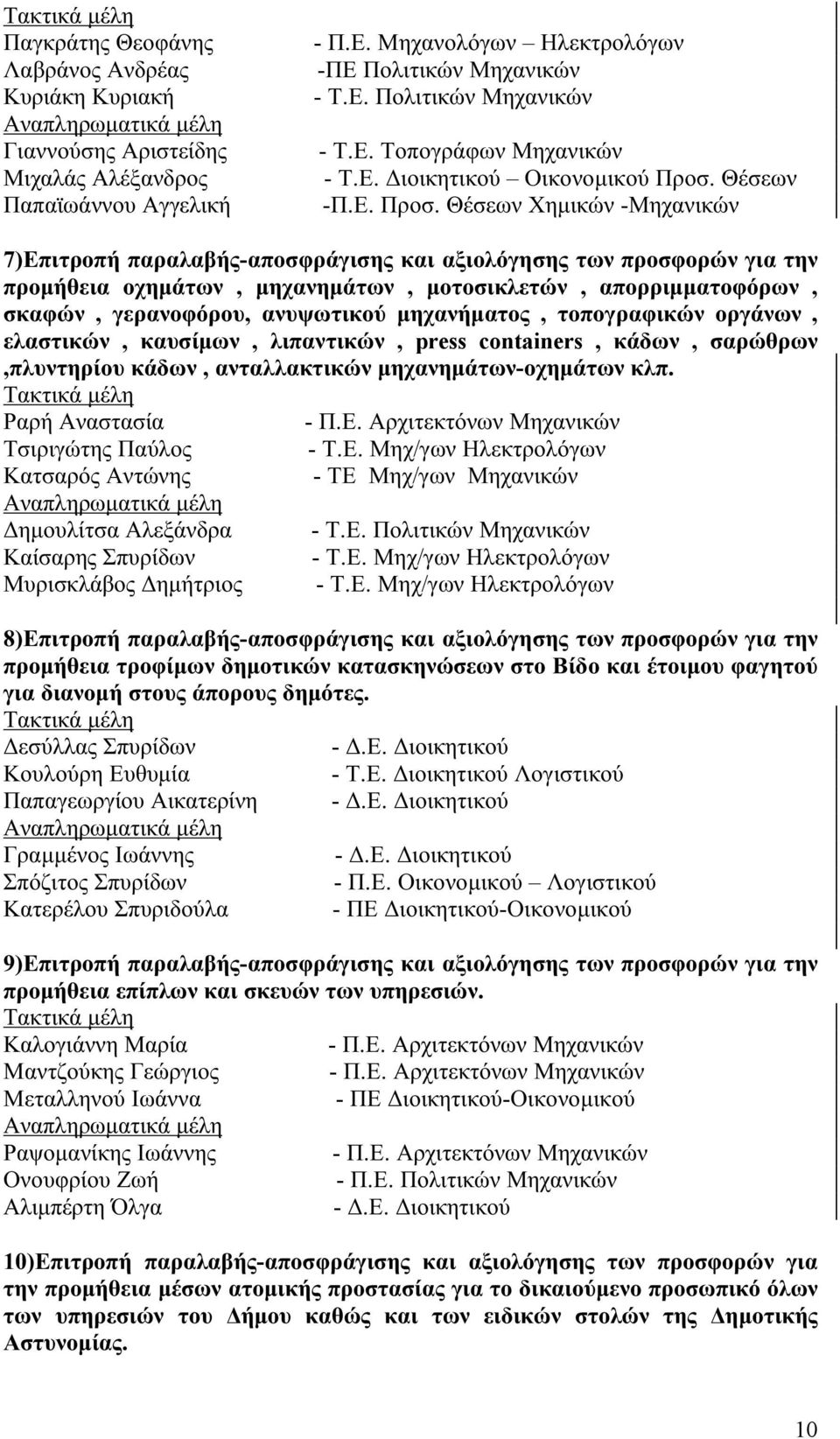 Θέσεων Χημικών -Μηχανικών 7)Επιτροπή παραλαβής-αποσφράγισης και αξιολόγησης των προσφορών για την προμήθεια οχημάτων, μηχανημάτων, μοτοσικλετών, απορριμματοφόρων, σκαφών, γερανοφόρου, ανυψωτικού