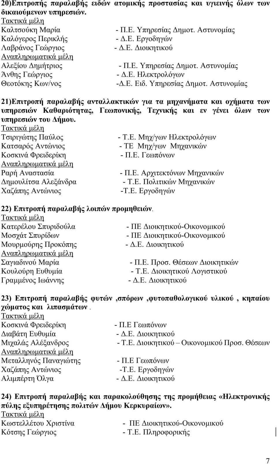 Τσιριγώτης Παύλος Κοσκινά Φρειδερίκη - Π.Ε. Γεωπόνων Χαζάπης Αντώνιος -Τ.Ε. Εργοδηγών 22) Επιτροπή παραλαβής λοιπών προμηθειών.