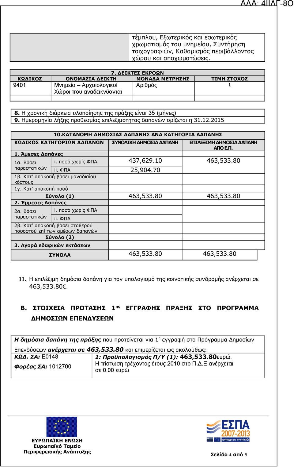 Ημερομηνία λήξης προθεσμίας επιλεξιμότητας δαπανών ορίζεται η 31.12.2015 10.