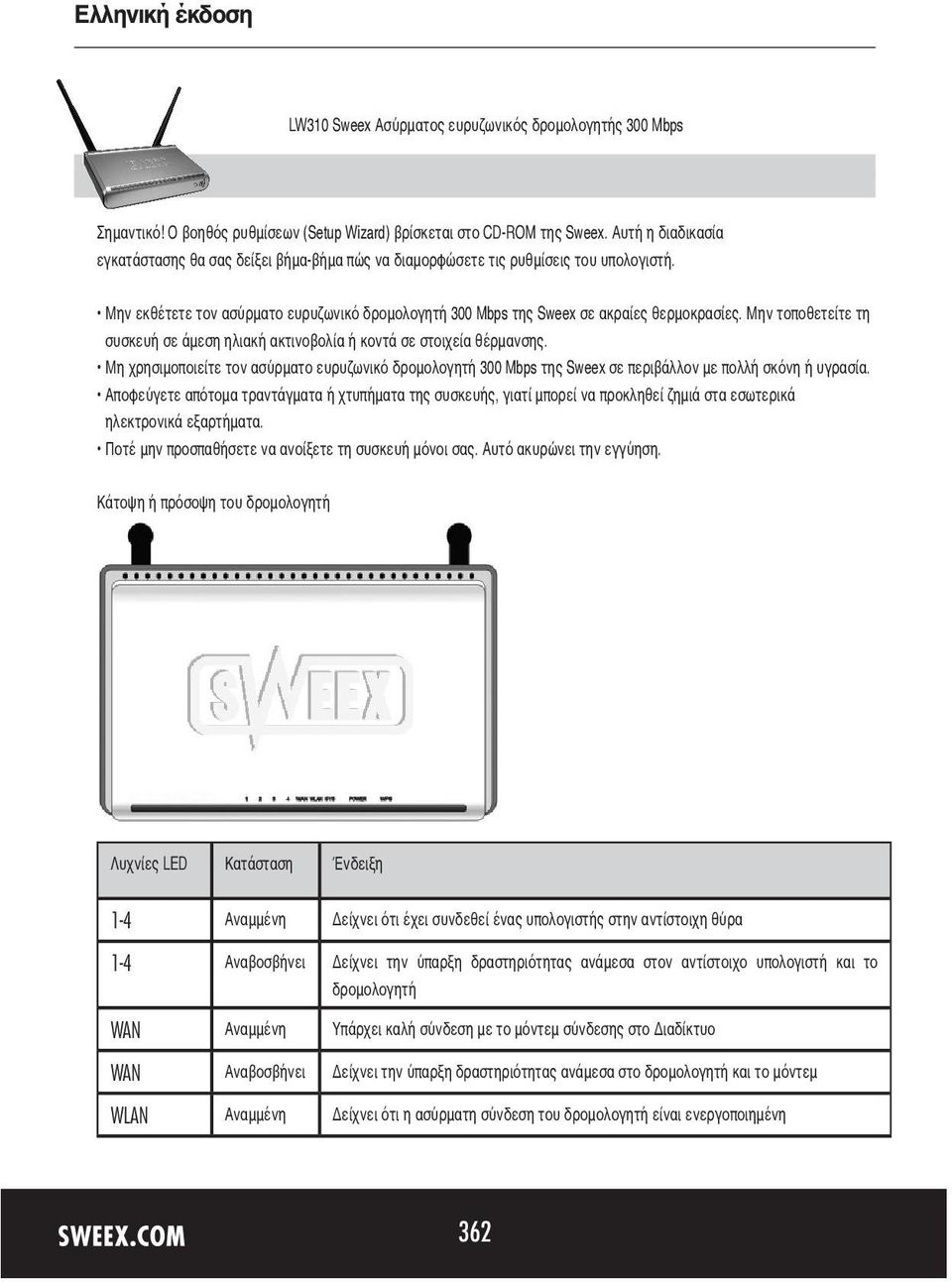 Μην τοποθετείτε τη συσκευή σε άμεση ηλιακή ακτινοβολία ή κοντά σε στοιχεία θέρμανσης. Μη χρησιμοποιείτε τον ασύρματο ευρυζωνικό δρομολογητή 300 Mbps της Sweex σε περιβάλλον με πολλή σκόνη ή υγρασία.