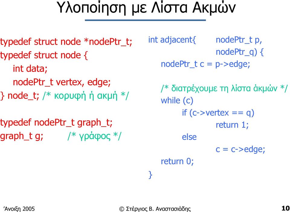 adjacent{ nodeptr_t p, nodeptr_q) { nodeptr_t c = p->edge; /* διατρέχουµε τηλίσταάκµών */ while