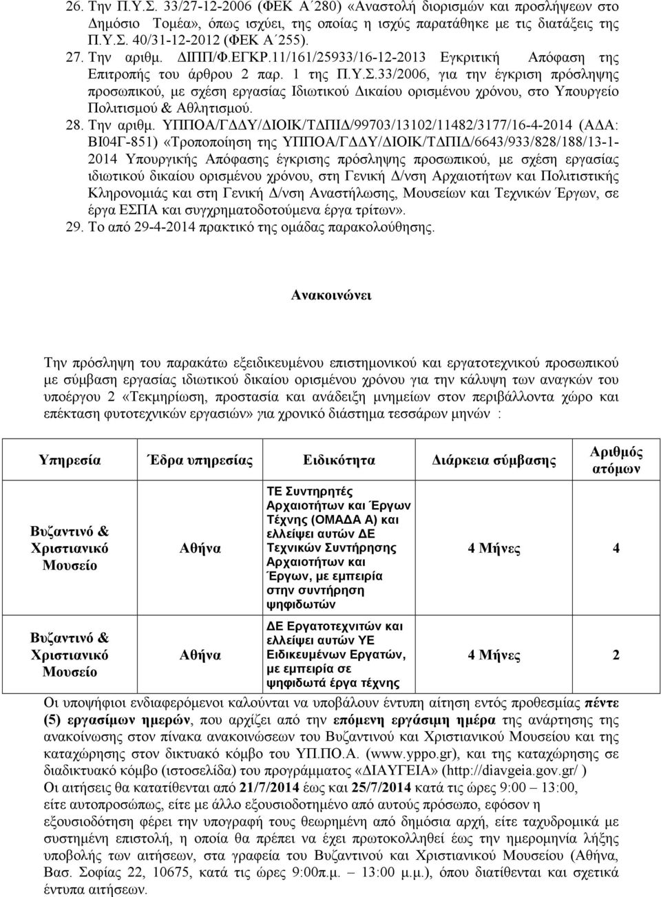 33/2006, για την έγκριση πρόσληψης προσωπικού, µε σχέση εργασίας Ιδιωτικού ικαίου ορισµένου χρόνου, στο Υπουργείο Πολιτισµού & Αθλητισµού. 28. Την αριθµ.