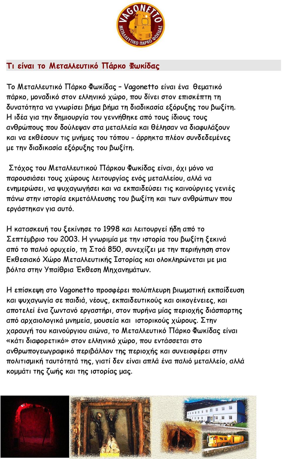 H ιδέα για την δημιουργία του γεννήθηκε από τους ίδιους τους ανθρώπους που δούλεψαν στα μεταλλεία και θέλησαν να διαφυλάξουν και να εκθέσουν τις μνήμες του τόπου - άρρηκτα πλέον συνδεδεμένες με την 
