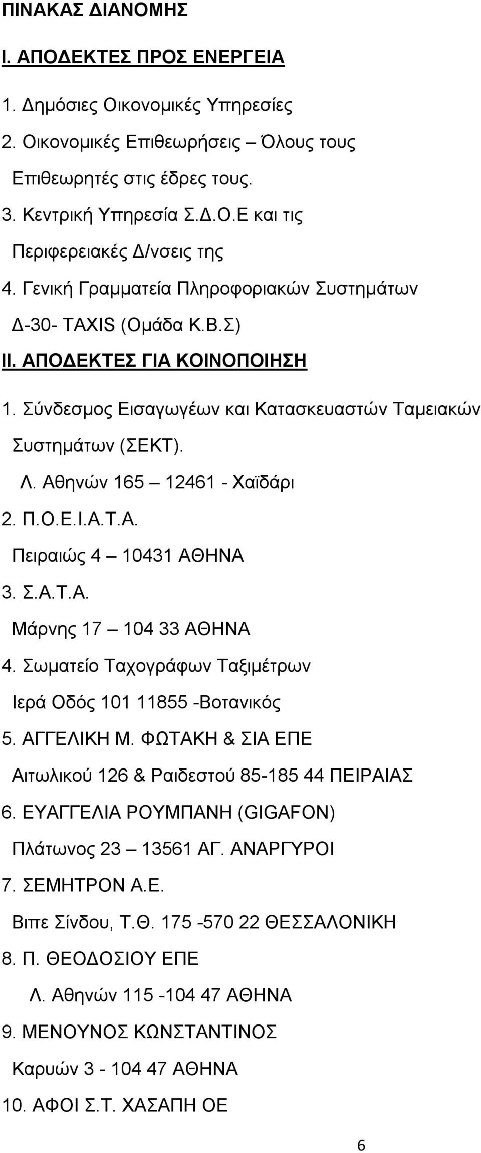 Αθηνών 165 12461 - Χαϊδάρι 2. Π.Ο.Ε.Ι.Α.Τ.Α. Πειραιώς 4 10431 ΑΘΗΝΑ 3. Σ.Α.Τ.Α. Μάρνης 17 104 33 ΑΘΗΝΑ 4. Σωματείο Ταχογράφων Ταξιμέτρων Ιερά Οδός 101 11855 -Βοτανικός 5. ΑΓΓΕΛΙΚΗ Μ.