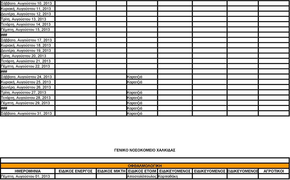 22, 2013 Σάββατο, Αυγούστου 24, 2013 Καρατζιά Κυριακή, Αυγούστου 25, 2013 Καρατζιά Δευτέρα, Αυγούστου 26, 2013 Τρίτη, Αυγούστου 27, 2013 Καρατζιά Τετάρτη,