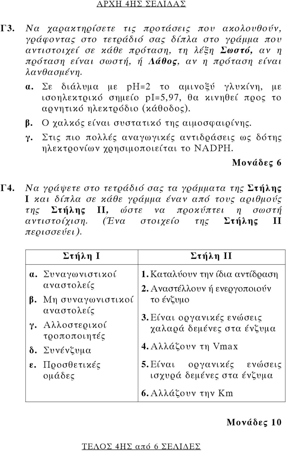 λανθασμένη. α. Σε διάλυμα με pη=2 το αμινοξύ γλυκίνη, με ισοηλεκτρικό σημείο pi=5,97, θα κινηθεί προς το αρνητικό ηλεκτρόδιο (κάθοδος). β. Ο χαλκός είναι συστατικό της αιμοσφαιρίνης. γ. Στις πιο πολλές αναγωγικές αντιδράσεις ως δότης ηλεκτρονίων χρησιμοποιείται το NADPH.