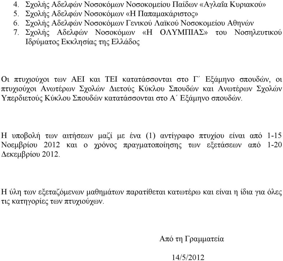 Διετούς Κύκλου Σπουδών και Ανωτέρων Σχολών Υπερδιετούς Κύκλου Σπουδών κατατάσσονται στο Α Εξάμηνο σπουδών.