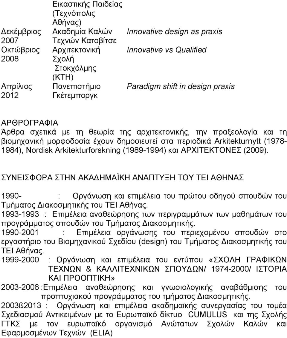 Arkitekturnytt (1978-1984), Nordisk Arkitekturforskning (1989-1994) και ΑΡΧΙΤΕΚΤΟΝΕΣ (2009).