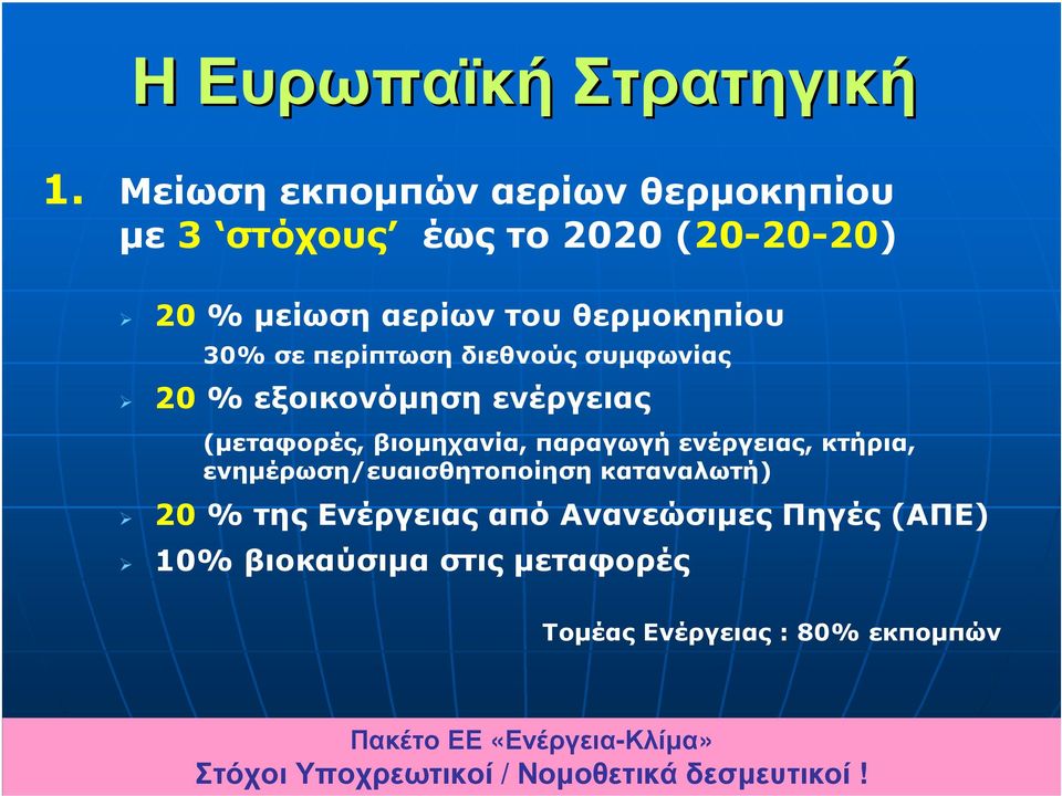 περίπτωση διεθνούς συµφωνίας 20 % εξοικονόµηση ενέργειας (µεταφορές, βιοµηχανία, παραγωγή ενέργειας, κτήρια,