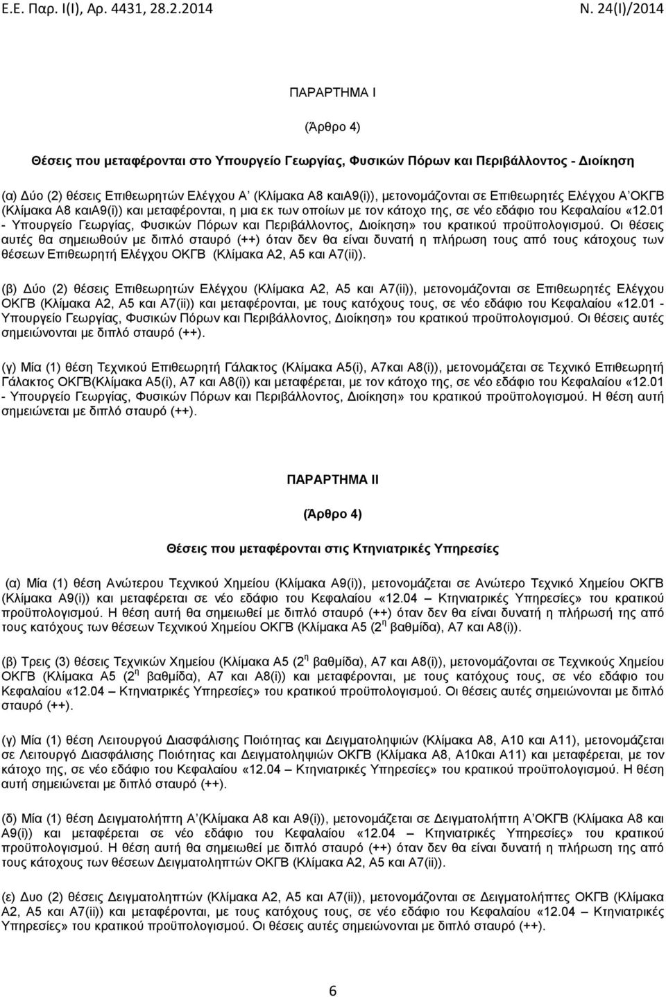 01 - Υπουργείο Γεωργίας, Φυσικών Πόρων και Περιβάλλοντος, Διοίκηση» του κρατικού προϋπολογισμού.