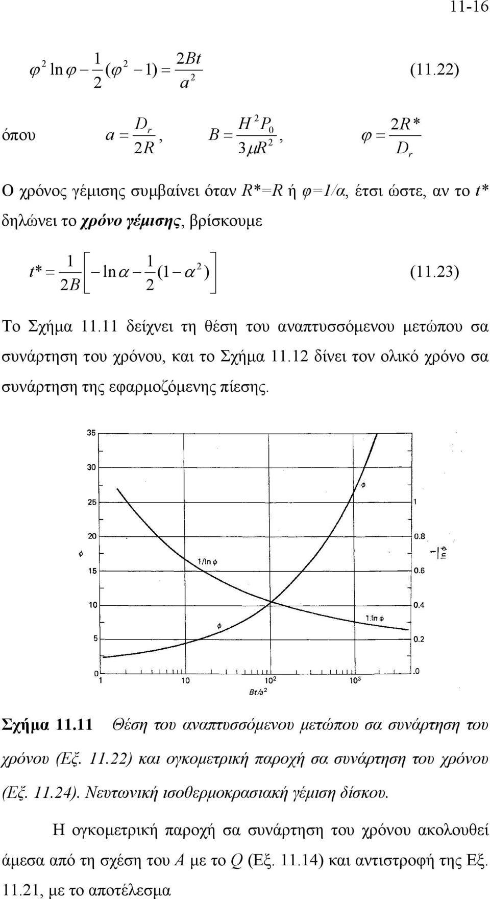 3) Το Σχήµα 11.11 δείχνει τη θέση του αναπτυσσόµενου µετώπου σα συνάρτηση του χρόνου, και το Σχήµα 11.1 δίνει τον ολικό χρόνο σα συνάρτηση της εφαρµοζόµενης πίεσης.