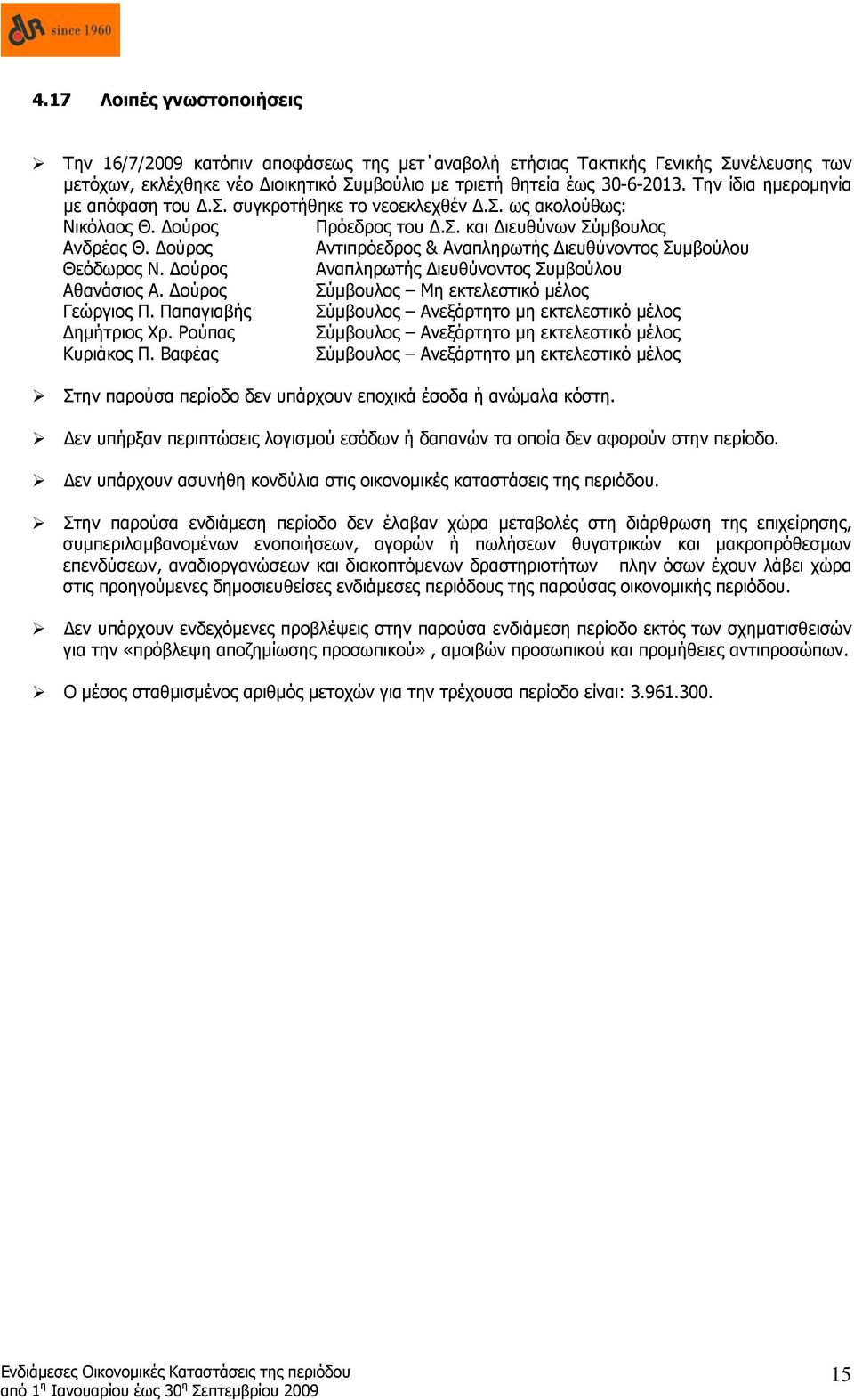 Δούρος Αντιπρόεδρος & Αναπληρωτής Διευθύνοντος Συμβούλου Θεόδωρος Ν. Δούρος Αναπληρωτής Διευθύνοντος Συμβούλου Αθανάσιος Α. Δούρος Σύμβουλος Μη εκτελεστικό μέλος Γεώργιος Π.