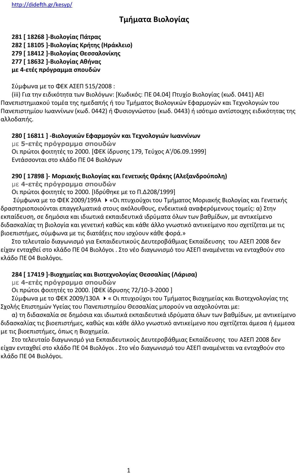 0441) ΑΕΙ Πανεπιςτθμιακοφ τομζα τθσ θμεδαπισ ι του Τμιματοσ Βιολογικϊν Εφαρμογϊν και Τεχνολογιϊν του Πανεπιςτθμίου Ιωαννίνων (κωδ. 0442) ι Φυςιογνϊςτου (κωδ.