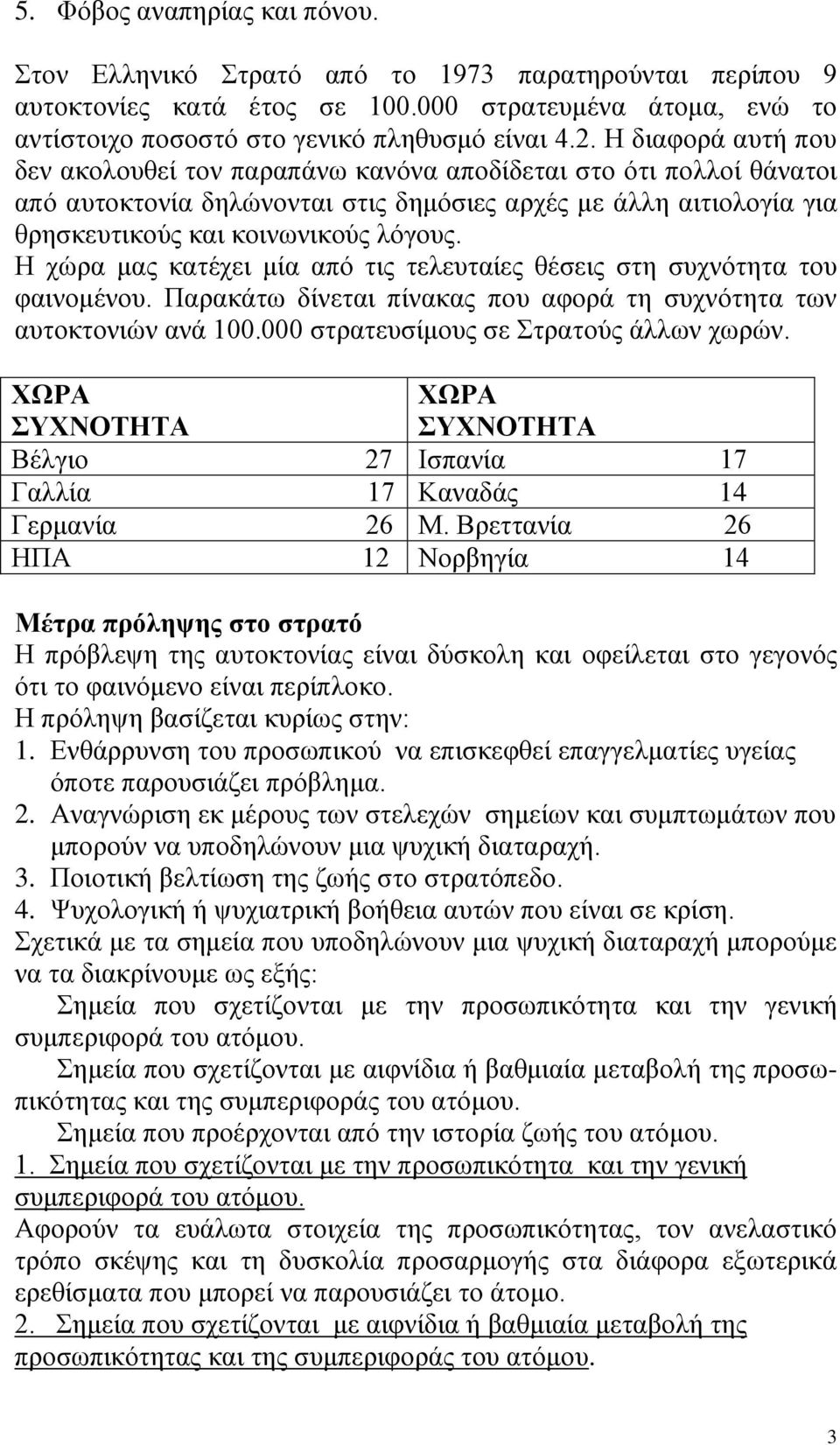 Η ρψξα καο θαηέρεη κία απφ ηηο ηειεπηαίεο ζέζεηο ζηε ζπρλφηεηα ηνπ θαηλνκέλνπ. Παξαθάησ δίλεηαη πίλαθαο πνπ αθνξά ηε ζπρλφηεηα ησλ απηνθηνληψλ αλά 100.000 ζηξαηεπζίκνπο ζε Σηξαηνχο άιισλ ρσξψλ.