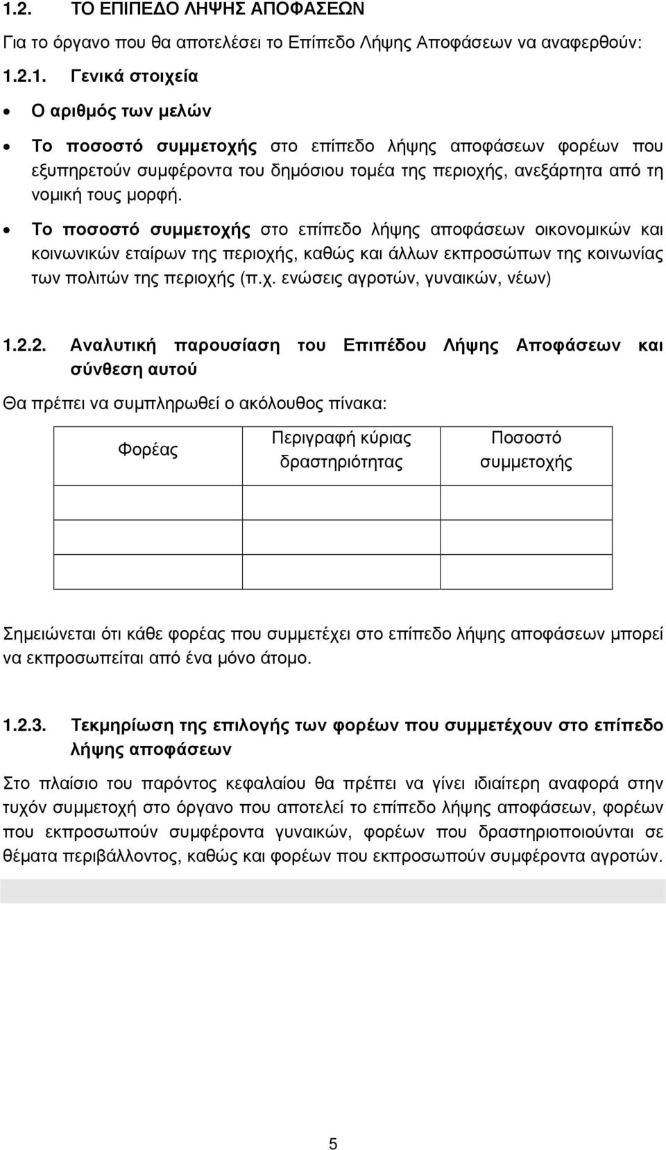 2.2. Αναλυτική παρουσίαση του Επιπέδου Λήψης Αποφάσεων και σύνθεση αυτού Θα πρέπει να συµπληρωθεί ο ακόλουθος πίνακα: Φορέας Περιγραφή κύριας δραστηριότητας Ποσοστό συµµετοχής Σηµειώνεται ότι κάθε