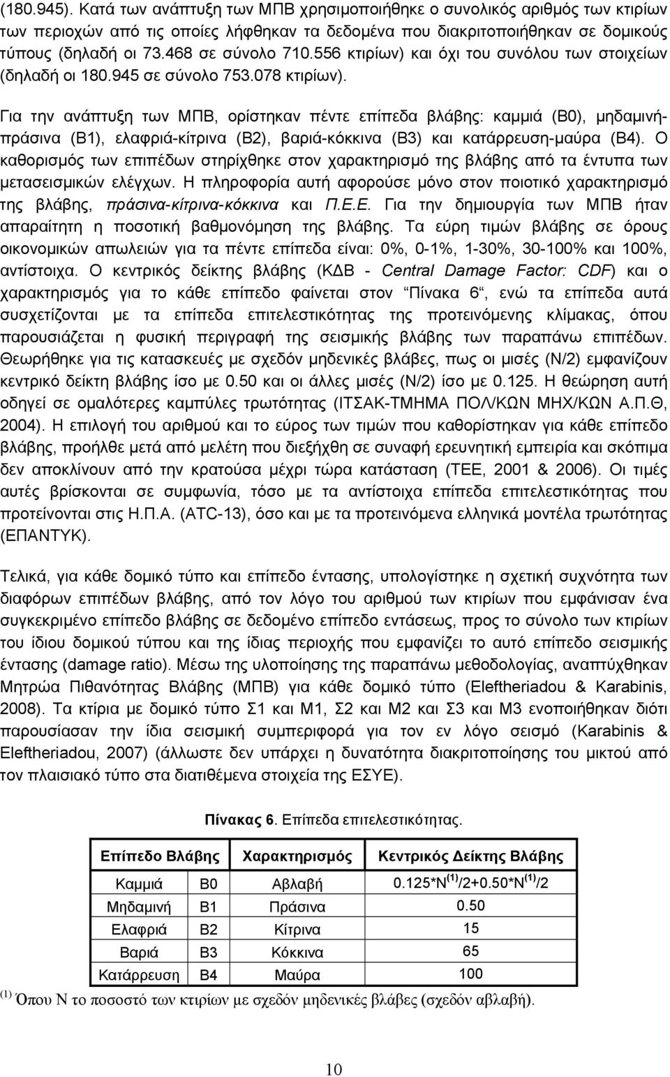 Για την ανάπτυξη των ΜΠΒ, ορίστηκαν πέντε επίπεδα βλάβης: καμμιά (Β0), μηδαμινήπράσινα (Β1), ελαφριά-κίτρινα (Β2), βαριά-κόκκινα (Β3) και κατάρρευση-μαύρα (Β4).