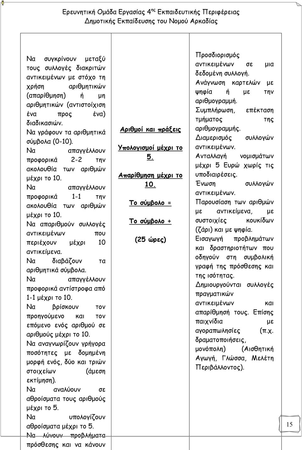 Να απαριθμούν συλλογές αντικειμένων που περιέχουν μέχρι 10 αντικείμενα. Να διαβάζουν τα αριθμητικά σύμβολα. Να απαγγέλλουν προφορικά αντίστροφα από 1-1 μέχρι το 10.