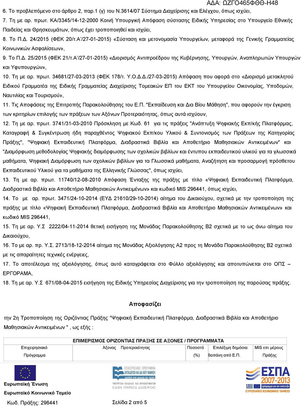 Α /27-01-2015) «Σύσταση και μετονομασία Υπουργείων, μεταφορά της Γενικής Γραμματείας Κοινωνικών Ασφαλίσεων», 9. Το Π.Δ. 25/2015 (ΦΕΚ 21/τ.