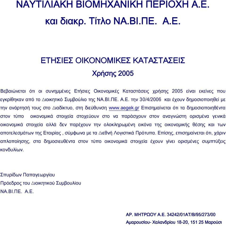 ΒΙ.ΠΕ. Α.Ε. την 30/4/2006 και έχουν δηµοσιοποιηθεί µε την ανάρτησή τους στo ιαδίκτυο, στη διεύθυνση www.aegek.