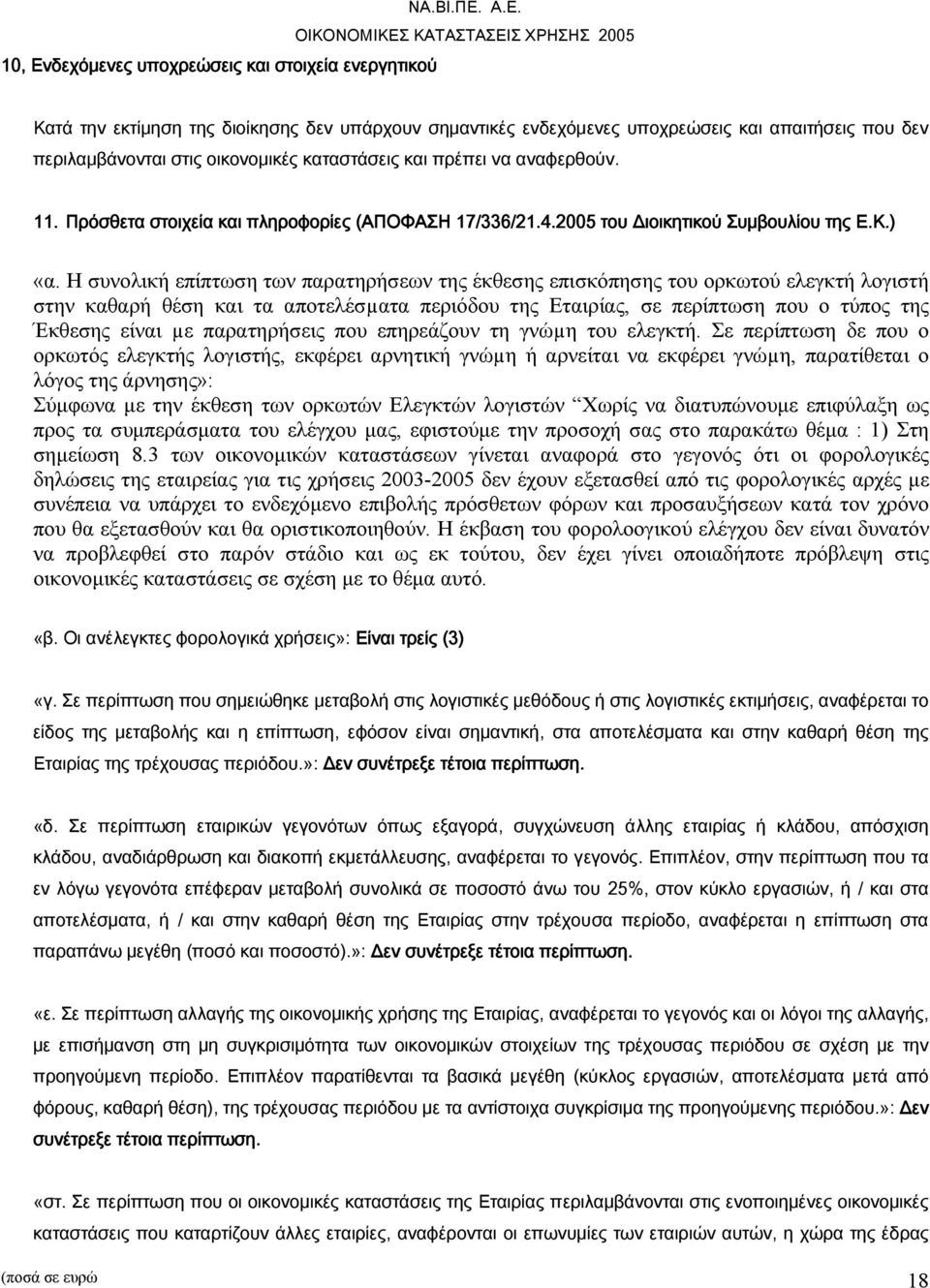 Η συνολική επίπτωση των παρατηρήσεων της έκθεσης επισκόπησης του ορκωτού ελεγκτή λογιστή στην καθαρή θέση και τα αποτελέσµατα περιόδου της Εταιρίας, σε περίπτωση που ο τύπος της Έκθεσης είναι µε