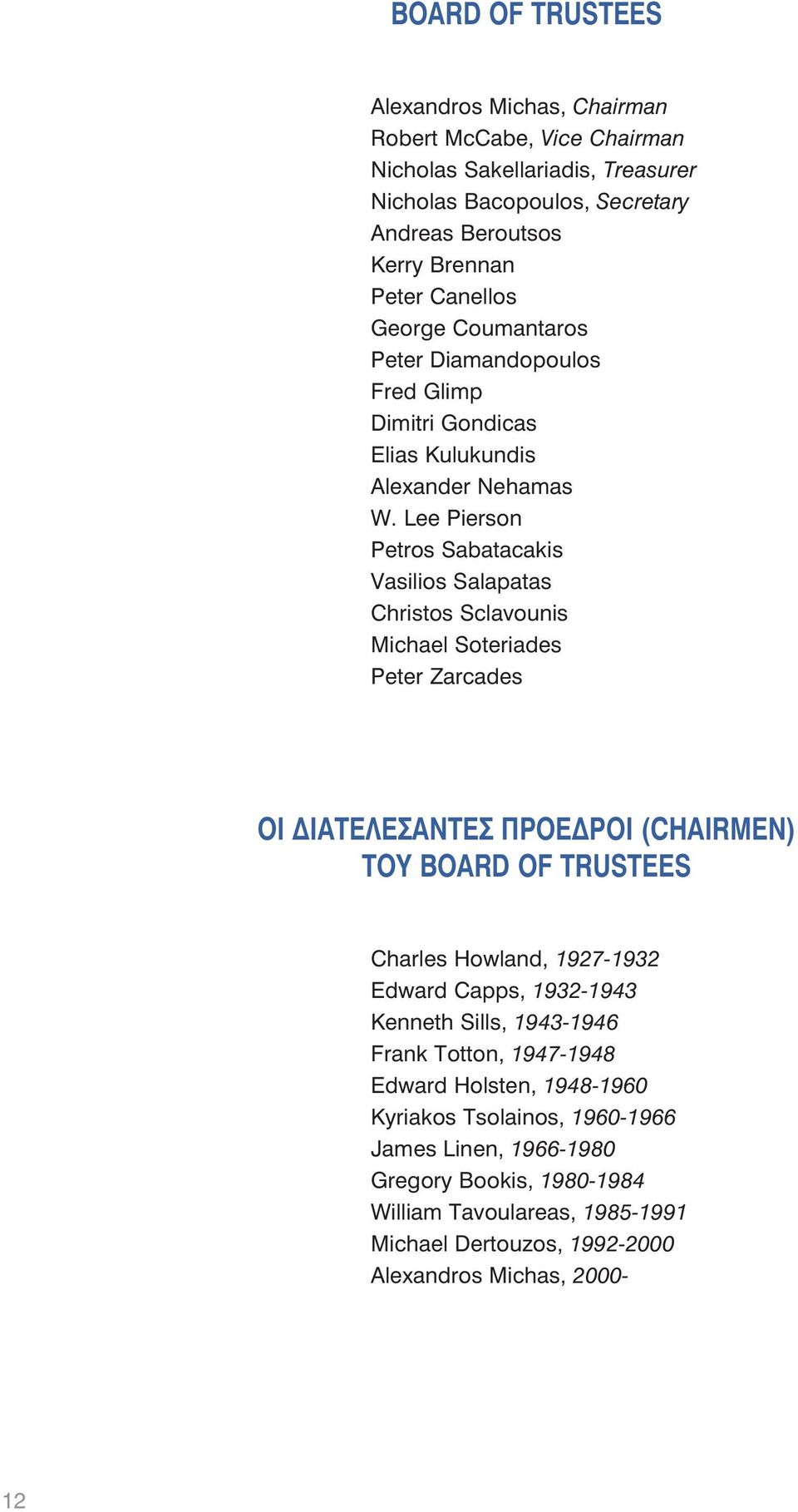 Lee Pierson Petros Sabatacakis Vasilios Salapatas Christos Sclavounis Michael Soteriades Peter Zarcades OI ΔIATEΛEΣANTEΣ ΠPOEΔPOI (CHAIRMEN) TOY BOARD OF TRUSTEES Charles Howland,