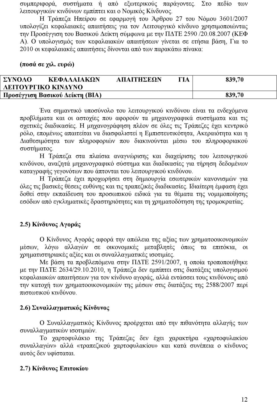 /20.08.2007 (ΚΕΦ Α). Ο υπολογισµός των κεφαλαιακών απαιτήσεων γίνεται σε ετήσια βάση, Για το 2010 οι κεφαλαιακές απαιτήσεις δίνονται από των παρακάτω πίνακα: (ποσά σε χιλ.