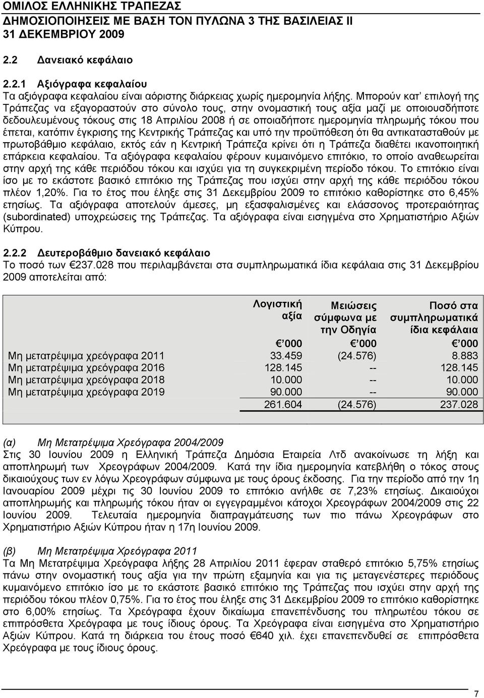 τόκου που έπεται, κατόπιν έγκρισης της Κεντρικής Τράπεζας και υπό την προϋπόθεση ότι θα αντικατασταθούν με πρωτοβάθμιο κεφάλαιο, εκτός εάν η Κεντρική Τράπεζα κρίνει ότι η Τράπεζα διαθέτει