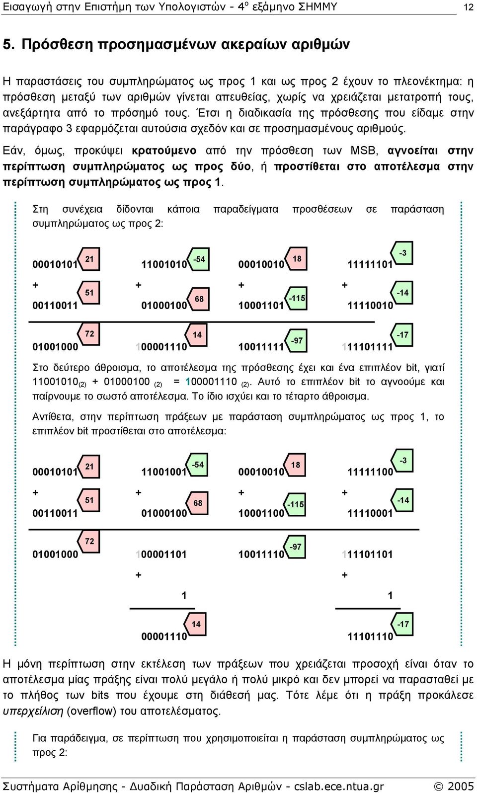 Εάν, όµως, προκύψει κρατούµενο από την πρόσθεση των MSB, αγνοείται στην περίπτωση συµπληρώµατος ως προς δύο, ή προστίθεται στο αποτέλεσµα στην περίπτωση συµπληρώµατος ως προς.