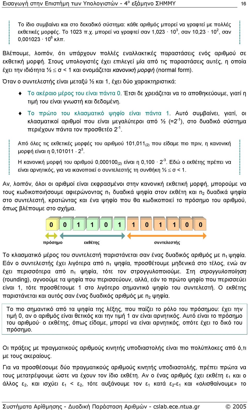 Στους υπολογιστές έχει επιλεγεί µία από τις παραστάσεις αυτές, η οποία έχει την ιδιότητα ½ σ < και ονοµάζεται κανονική µορφή (normal form).