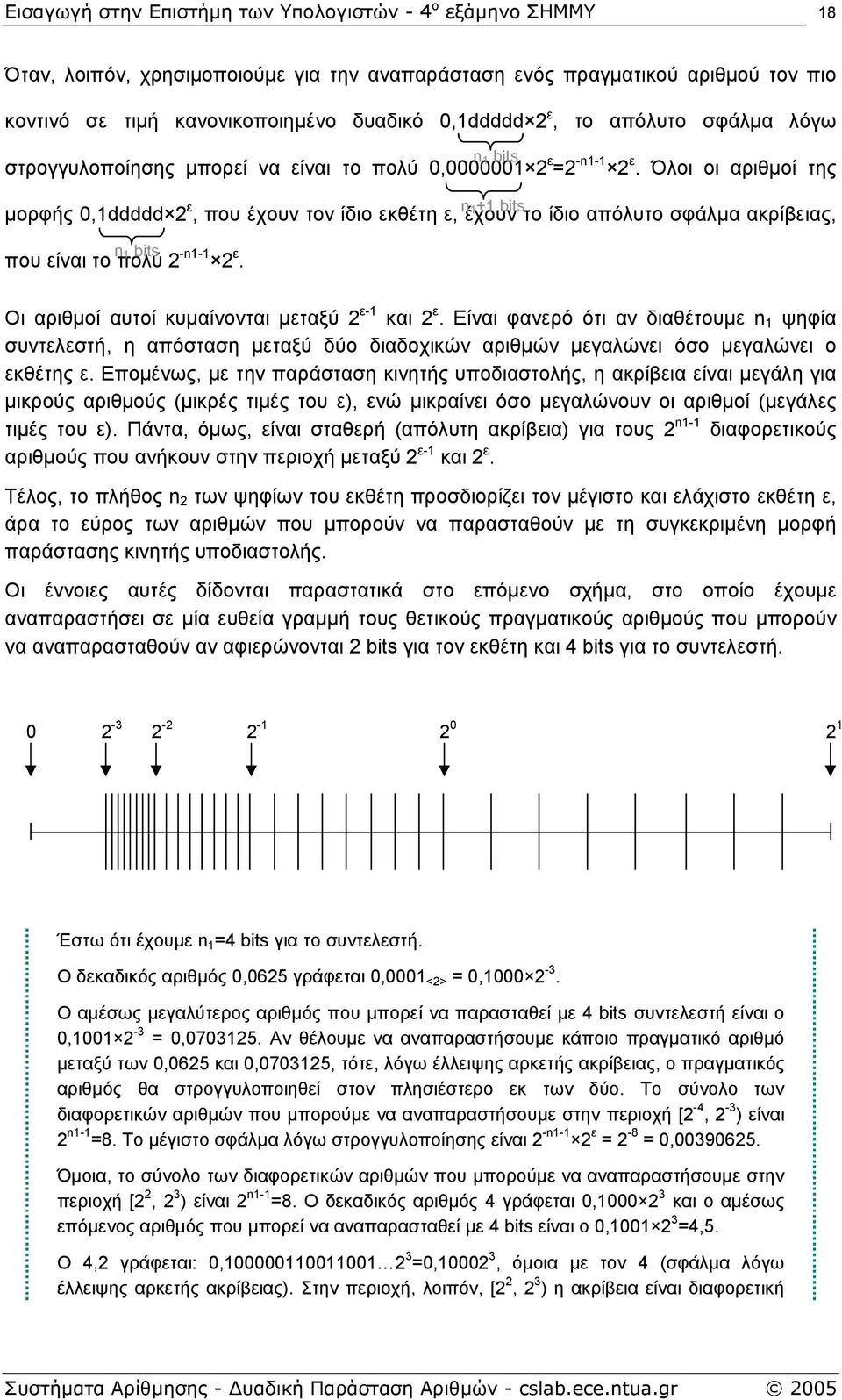 Οι αριθµοί αυτοί κυµαίνονται µεταξύ 2 ε- και 2 ε. Είναι φανερό ότι αν διαθέτουµε n ψηφία συντελεστή, η απόσταση µεταξύ δύο διαδοχικών αριθµών µεγαλώνει όσο µεγαλώνει ο εκθέτης ε.