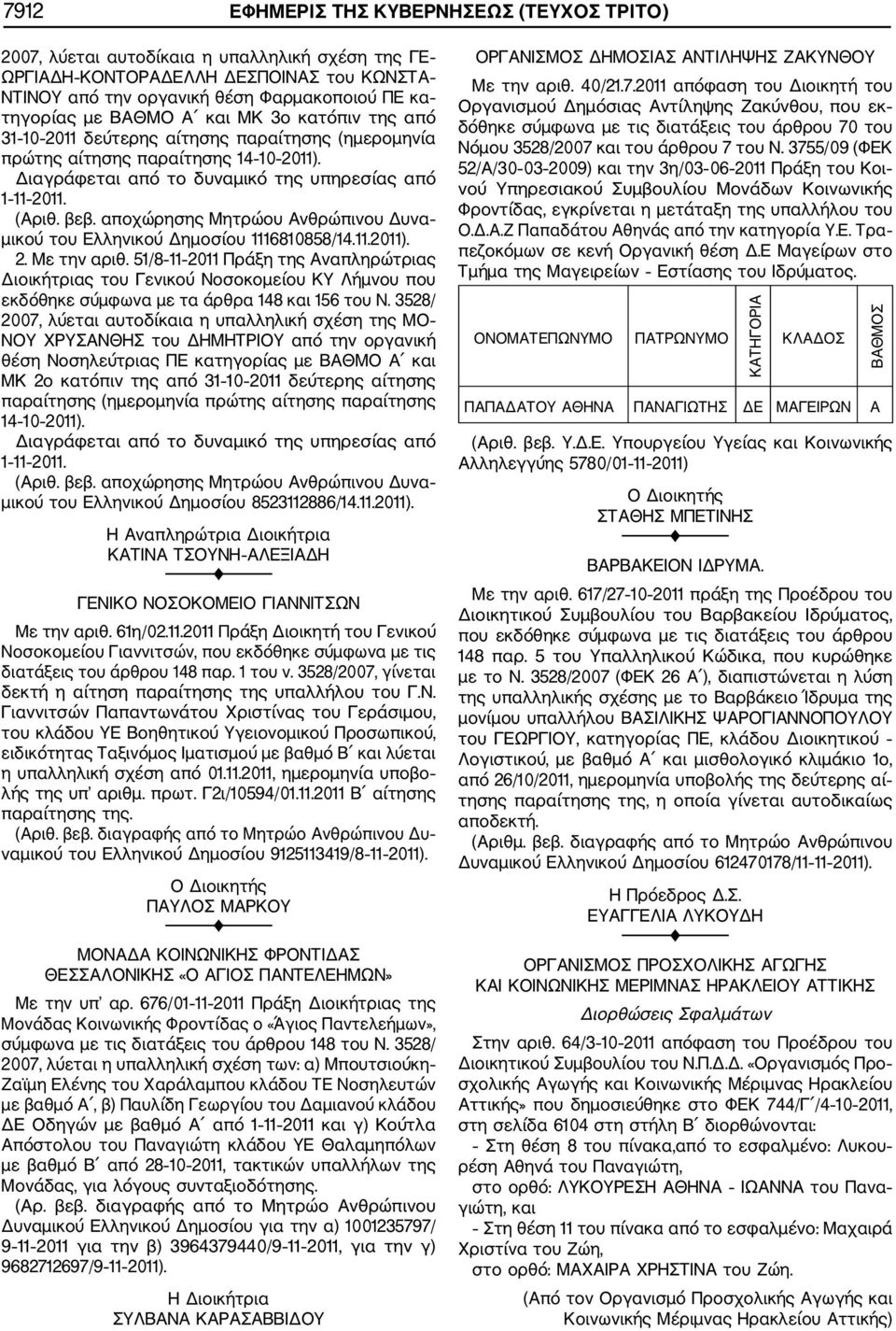 αποχώρησης Μητρώου Ανθρώπινου Δυνα μικού του Ελληνικού Δημοσίου 1116810858/14.11.2011). 2. Με την αριθ.