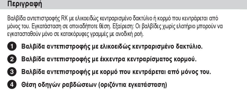 Εξαίρεση: Οι βαλβίδες χωρίς ελατήριο μπορούν να εγκατασταθούν μόνο σε κατακόρυφες γραμμές με ανοδική ροή.