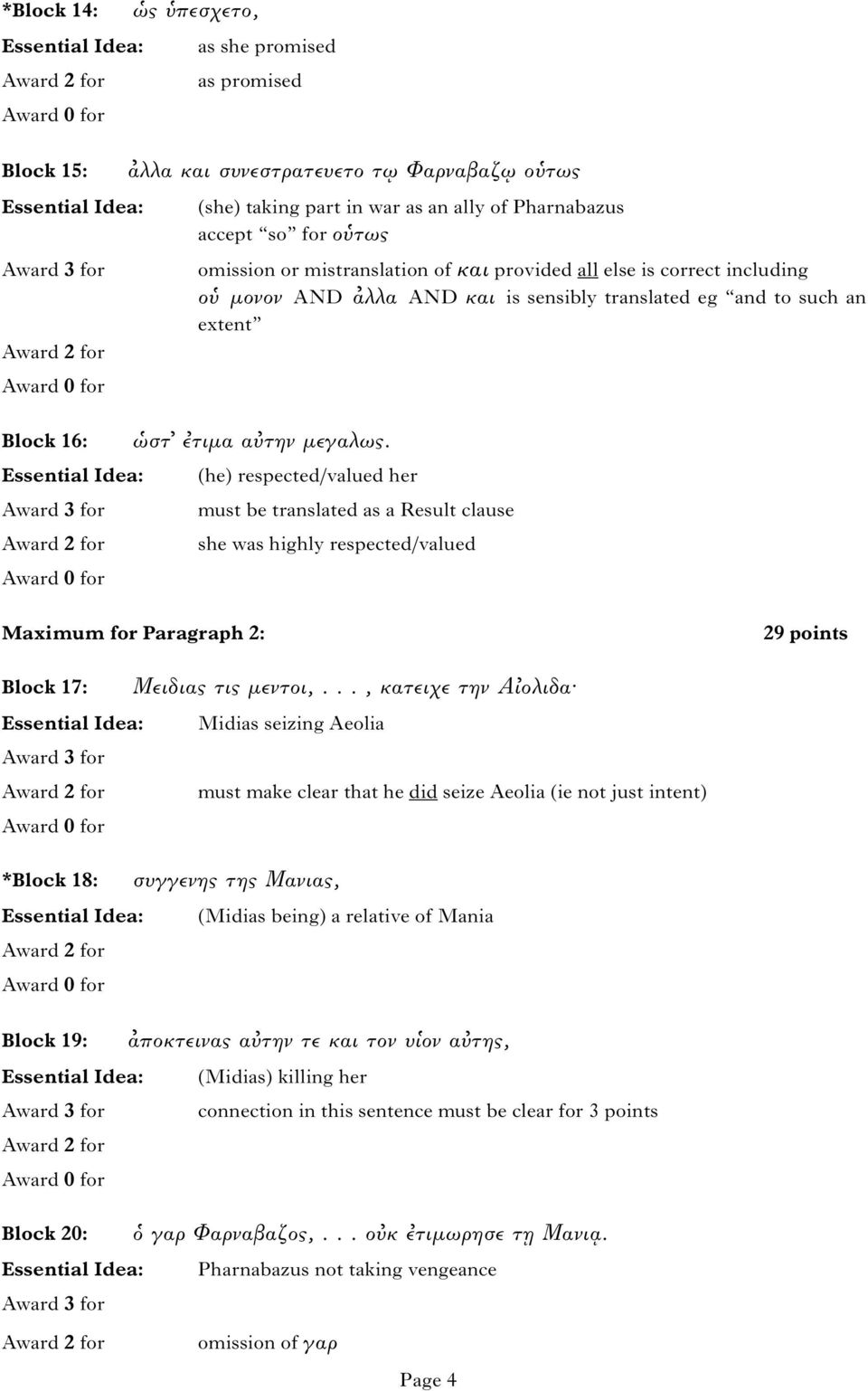 (he) respected/valued her must be translated as a Result clause she was highly respected/valued Maximum for Paragraph 2: 29 points Block 17: Μειδιας τις μεντοι,.