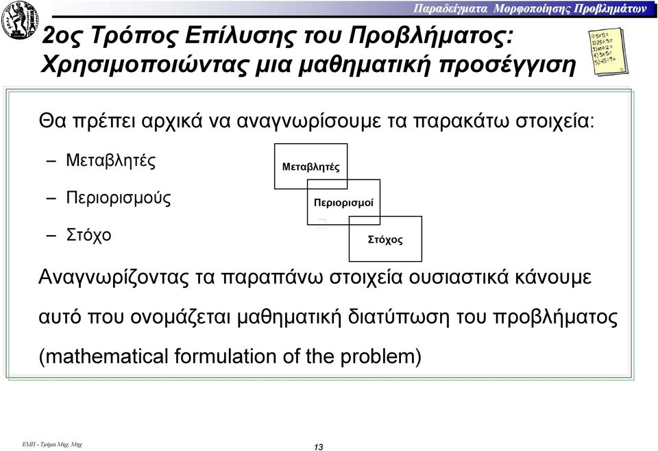 Περιορισµούς Στόχο Μεταβλητές Περιορισµοί Στόχος Αναγνωρίζοντας τα παραπάνω στοιχεία ουσιαστικά