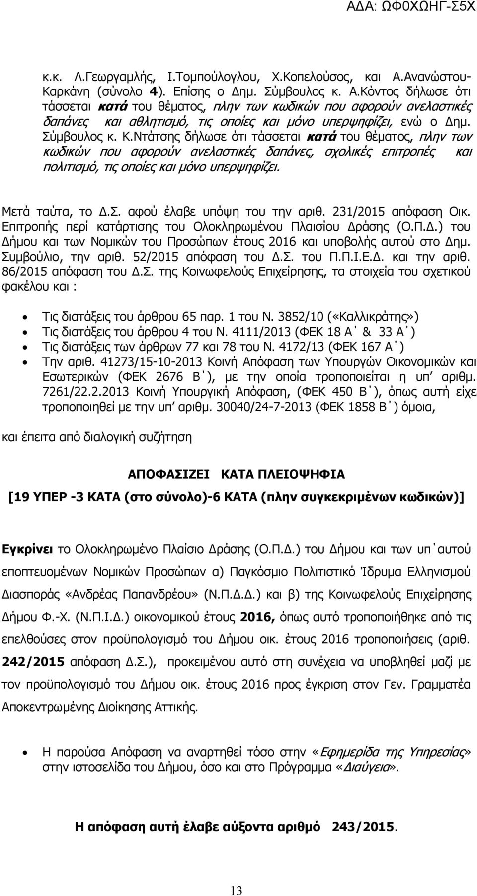 Κόντος δήλωσε ότι τάσσεται κατά του θέματος, πλην των κωδικών που αφορούν ανελαστικές δαπάνες και αθλητισμό, τις οποίες και μόνο υπερψηφίζει, ενώ ο Δημ. Σύμβουλος κ. Κ.