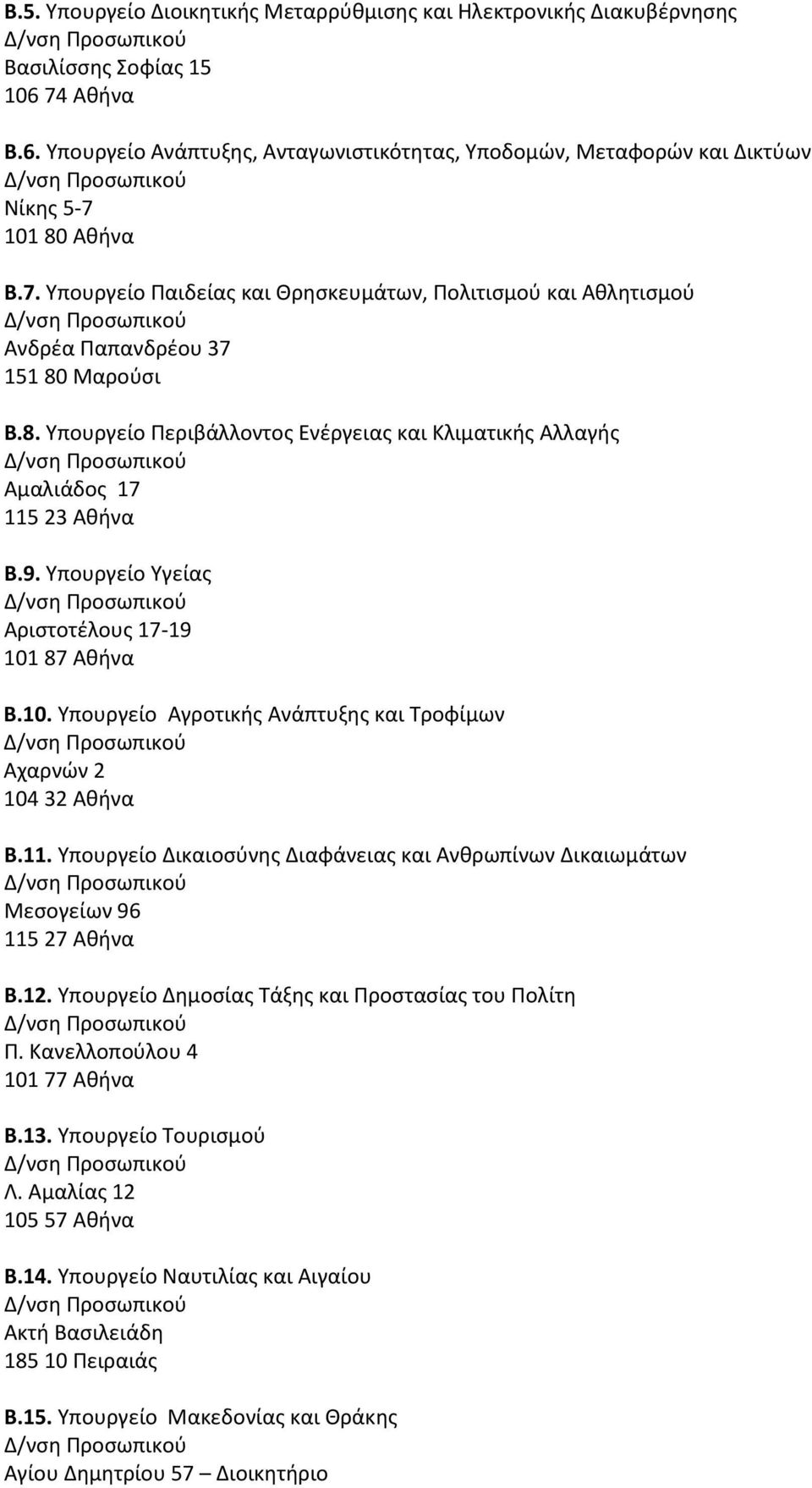 Υπουργείο Υγείας Αριστοτέλους 17-19 101 87 Αθήνα Β.10. Υπουργείο Αγροτικής Ανάπτυξης και Τροφίμων Αχαρνών 2 104 32 Αθήνα Β.11.