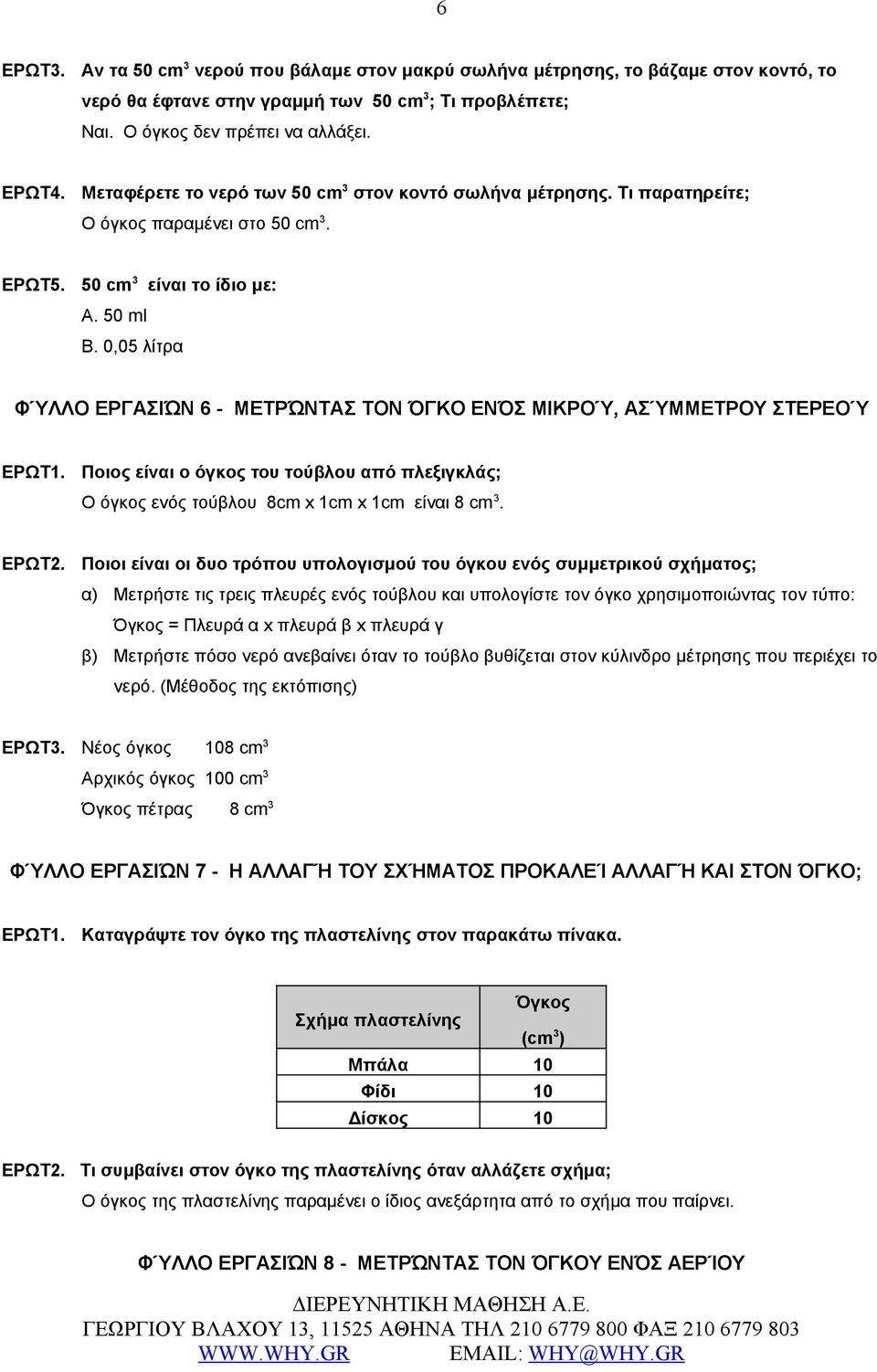 0,05 λίτρα ΦΎΛΛΟ ΕΡΓΑΣΙΏΝ 6 - ΜΕΤΡΏΝΤΑΣ ΤΟΝ ΌΓΚΟ ΕΝΌΣ ΜΙΚΡΟΎ, ΑΣΎΜΜΕΤΡΟΥ ΣΤΕΡΕΟΎ ΕΡΩΤ1. Ποιος είναι ο όγκος του τούβλου από πλεξιγκλάς; Ο όγκος ενός τούβλου 8cm x 1cm x 1cm είναι 8 cm 3. ΕΡΩΤ2.