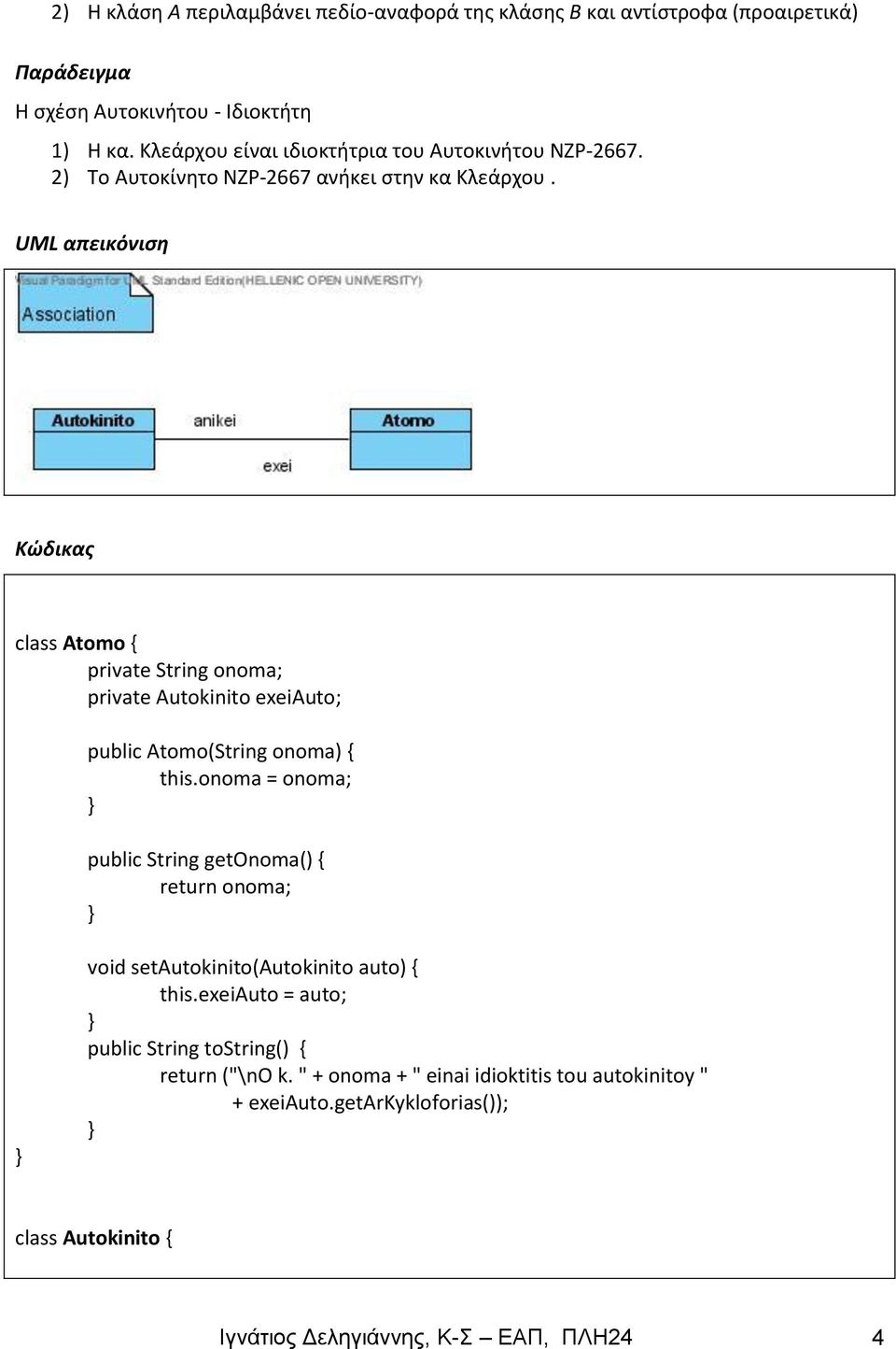 UML απεικόνιση Κώδικας class Atomo { private String onoma; private Autokinito exeiauto; public Atomo(String onoma) { this.