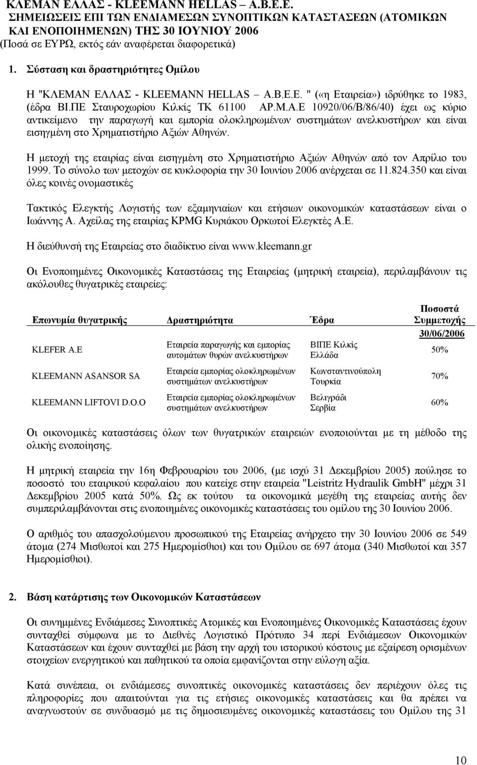 Η µετοχή της εταιρίας είναι εισηγµένη στο Χρηµατιστήριο Αξιών Αθηνών από τον Απρίλιο του 1999. Το σύνολο των µετοχών σε κυκλοφορία την 30 Ιουνίου 2006 ανέρχεται σε 11.824.