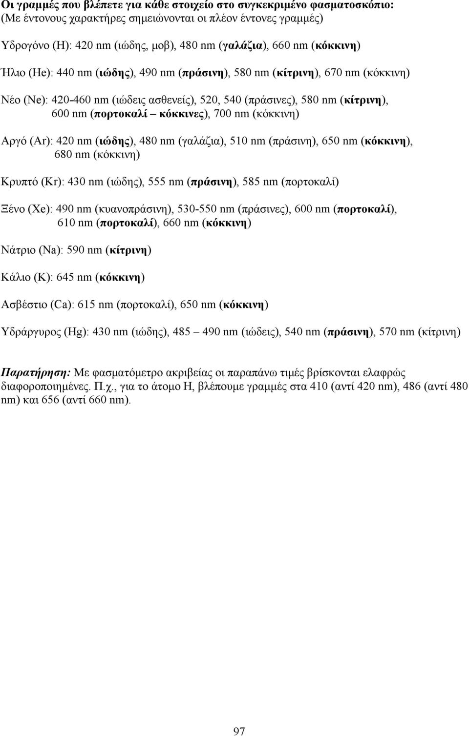 700 nm (κόκκινη) Αργό (Ar): 420 nm (ιώδης), 480 nm (γαλάζια), 510 nm (πράσινη), 650 nm (κόκκινη), 680 nm (κόκκινη) Κρυπτό (Kr): 430 nm (ιώδης), 555 nm (πράσινη), 585 nm (πορτοκαλί) Ξένο (Xe): 490 nm