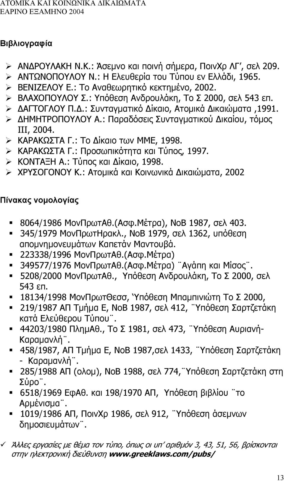 : Το ίκαιο των ΜΜΕ, 1998. ΚΑΡΑΚΩΣΤΑ Γ.: Προσωπικότητα και Τύπος, 1997. ΚΟΝΤΑΞΗ Α.: Τύπος και ίκαιο, 1998. ΧΡΥΣΟΓΟΝΟΥ Κ.: Ατοµικά και Κοινωνικά ικαιώµατα, 2002 Πίνακας νοµολογίας 8064/1986 ΜονΠρωτΑθ.