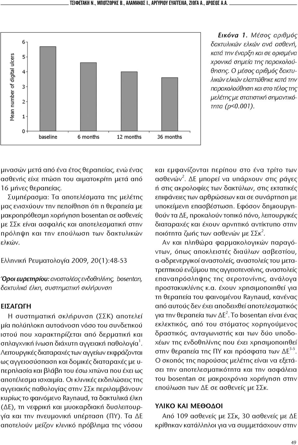 Ο μέσος αριθμός δακτυλικών ελκών ελαττώθηκε κατά την παρακολούθηση και στο τέλος της μελέτης με στατιστική σημαντικότητα (p<0.001).