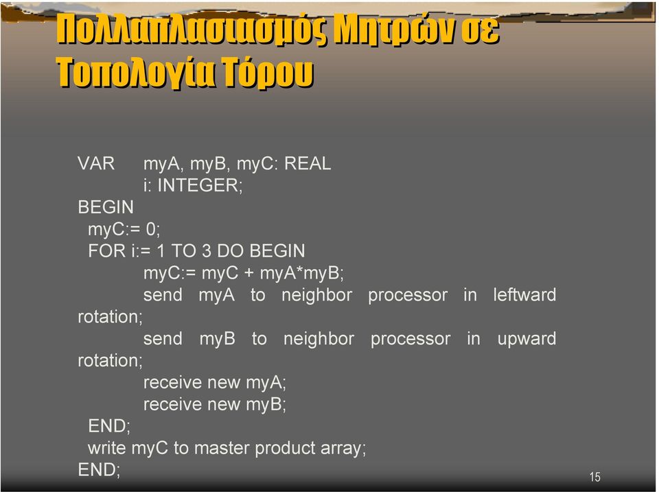 neighbor processor in leftward rotation; send myb to neighbor processor in