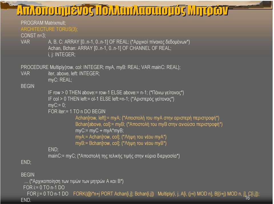 .n-1] OF CHANNEL OF REAL; i, j: INTEGER; PROCEDURE Multiply(row, col: INTEGER; mya, myb: REAL; VAR mainc: REAL); VAR iter, above, left: INTEGER; myc: REAL; IF row > 0 THEN above:= row-1 ELSE above:=