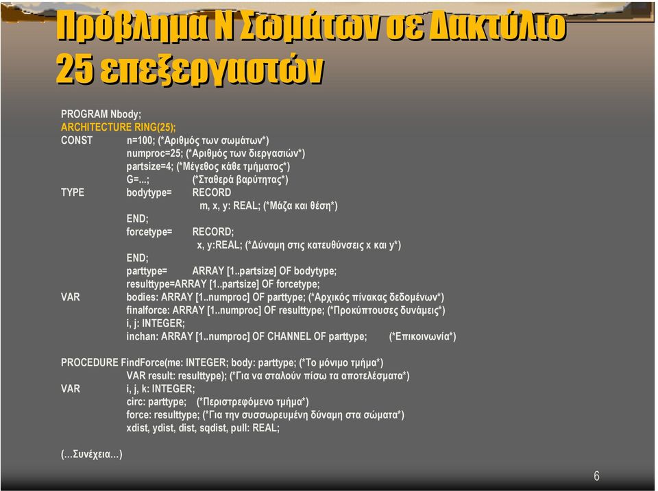 .partsize] OF bodytype; resulttype=array [1..partsize] OF forcetype; bodies: ARRAY [1..numproc] OF parttype; (*Αρχικός πίνακας δεδοµένων*) finalforce: ARRAY [1.