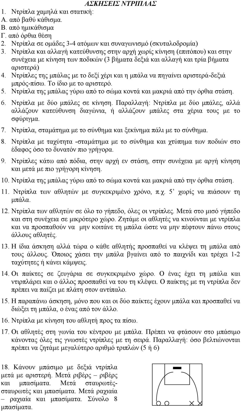 Ντρίπλες της µπάλας µε το δεξί χέρι και η µπάλα να πηγαίνει αριστερά-δεξιά µπρός-πίσω. Το ίδιο µε το αριστερό. 5. Ντρίπλα της µπάλας γύρω από το σώµα κοντά και µακριά από την όρθια στάση. 6.