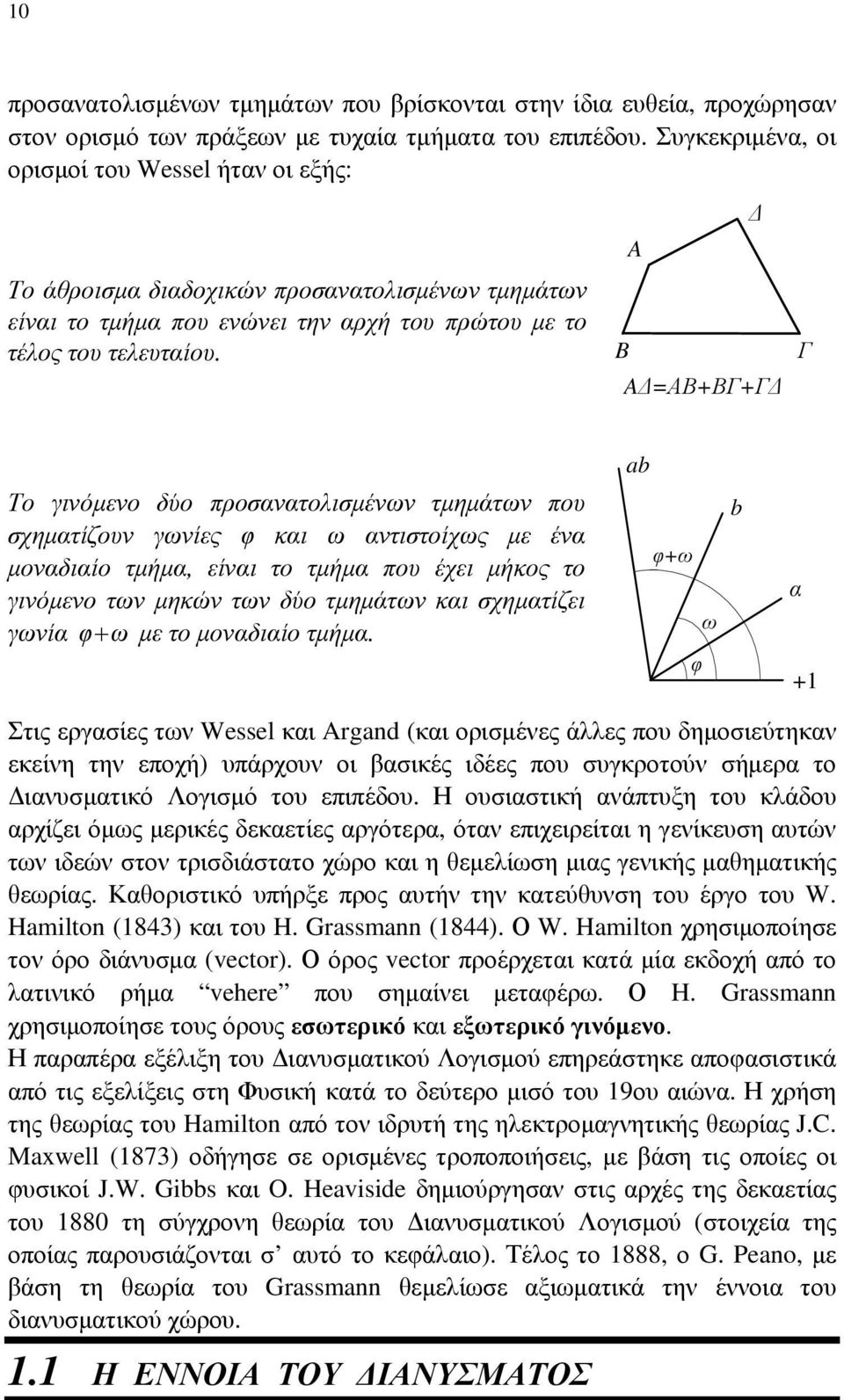με έν μονδιίο τμήμ, είνι το τμήμ που έχει μήκος το γινόμενο των μηκών των δύο τμημάτων κι σχημτίζει γωνί φ ω με το μονδιίο τμήμ φ+ω ω φ b + Στις εργσίες των Wessel κι Argand (κι ορισμένες άλλες που