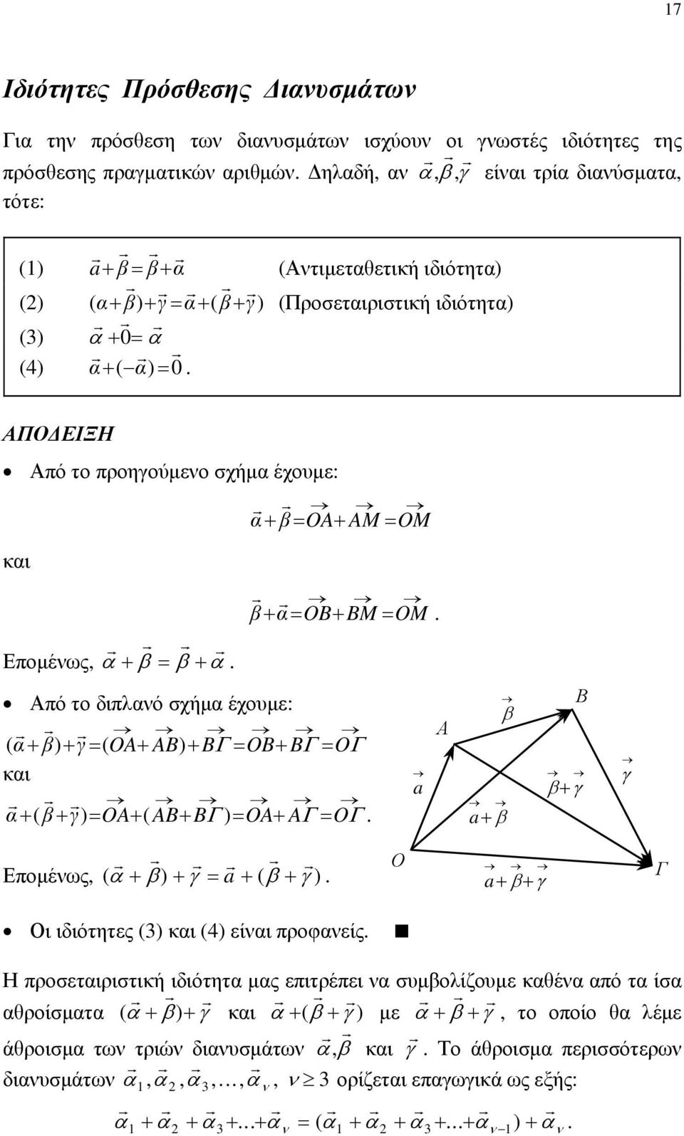 σχήμ έχουμε: ( β) γ ( OA AB) B OB B O κι ( β γ) OA( AB B ) OA A O a Α a Β Επομένως, ( ) a ( ) Ο a Γ Οι ιδιότητες (3) κι (4) είνι προφνείς Η προσετιριστική ιδιότητ μς