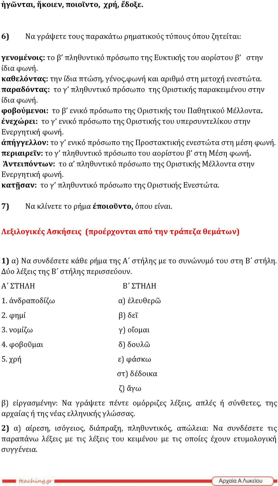 φοβούμενοι: το β ενικό πρόσωπο της Οριστικής του Παθητικού Μέλλοντα. ἐνεχώρει: το γ ενικό πρόσωπο της Οριστικής του υπερσυντελίκου στην Ενεργητική φωνή.