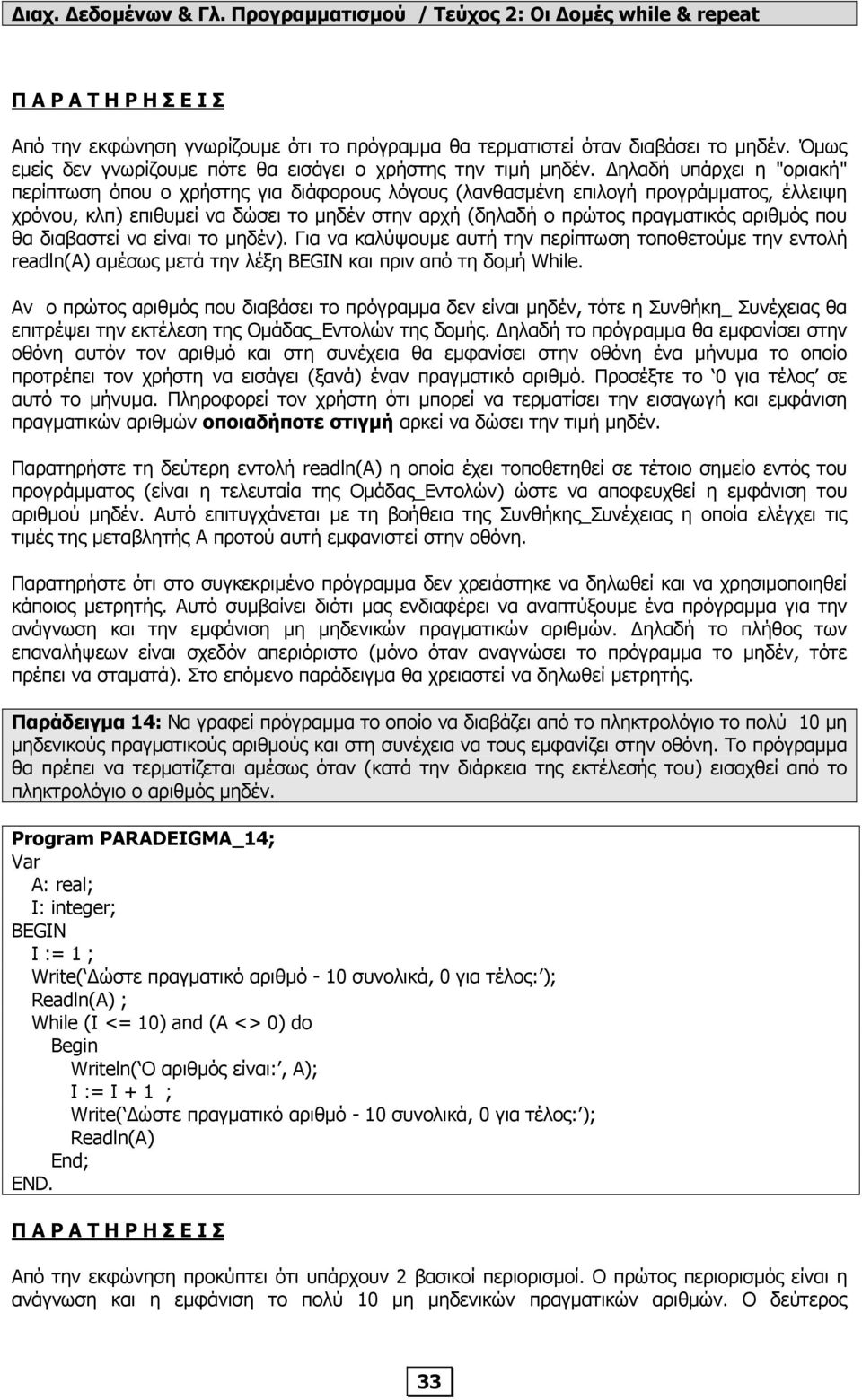 που θα διαβαστεί να είναι το µηδέν). Για να καλύψουµε αυτή την περίπτωση τοποθετούµε την εντολή readln(α) αµέσως µετά την λέξη BEGIN και πριν από τη δοµή While.